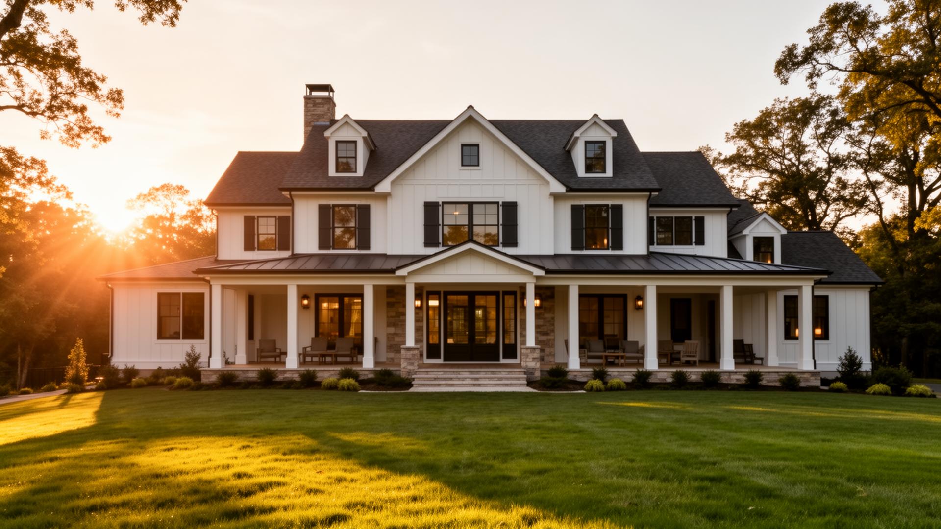 Custom-built farmhouse at golden hour by Perfection Construction